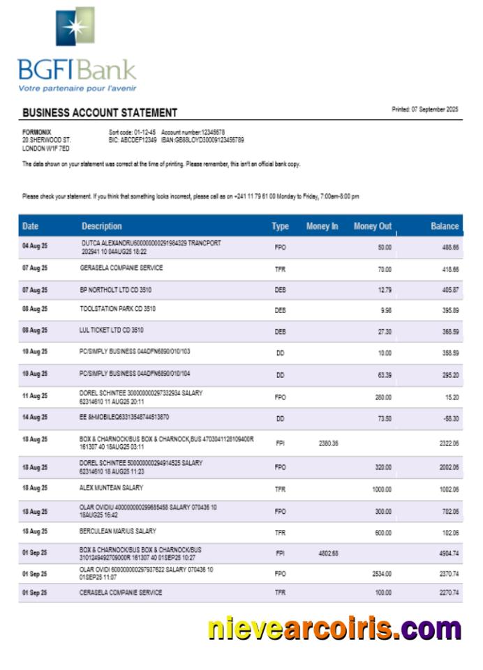 BGFI bank firm account statement Word  and PDF format